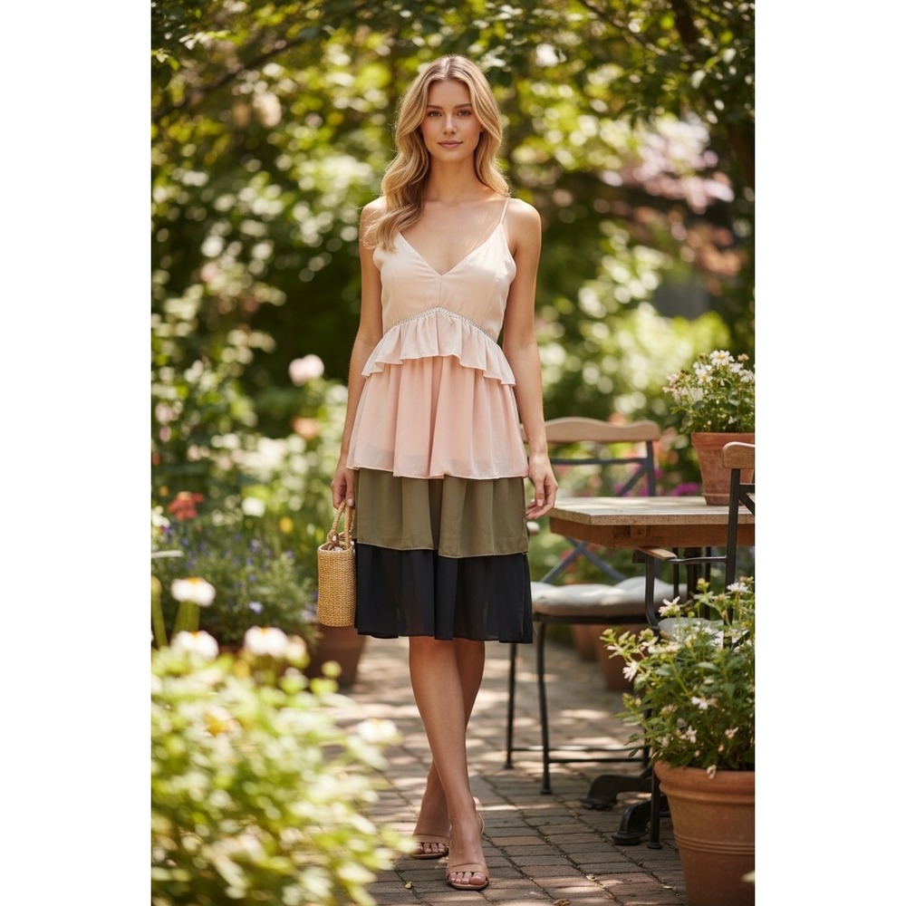 English Factory Tiered Colorblock Midi Dress Pink Olive Black V-Back Size L NWT